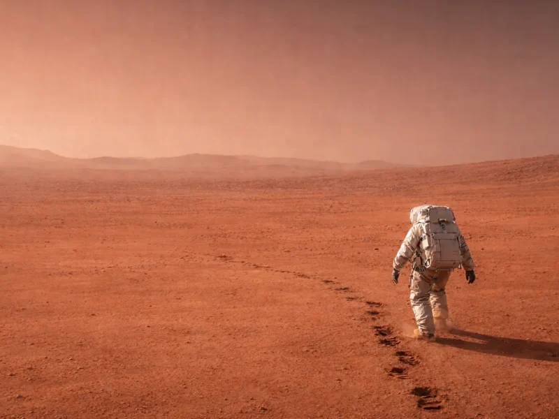 Astronauta idący po marsjańskim krajobrazie